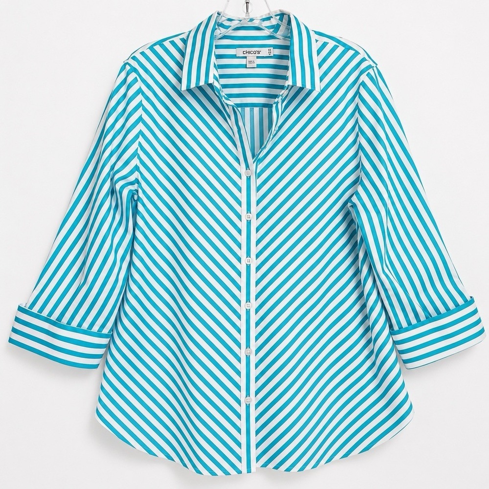 Chicos Striped Dress Shirt Size 10 White Turquoise Button Up Coastal Elegant